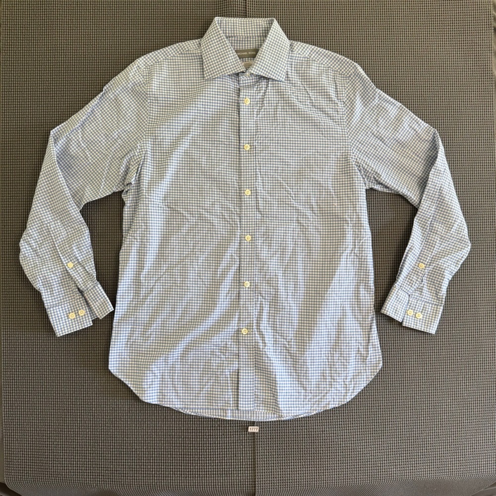 Michael Kors Mens Blue Gingham Airsoft Stretch Slim Fit Dress Shirt 15.5 32/33 M